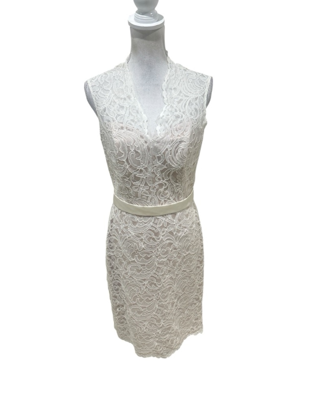 Dessy Collection Vivian Diamond Lace V-Neck cap sleeve Dress off white sz 10
